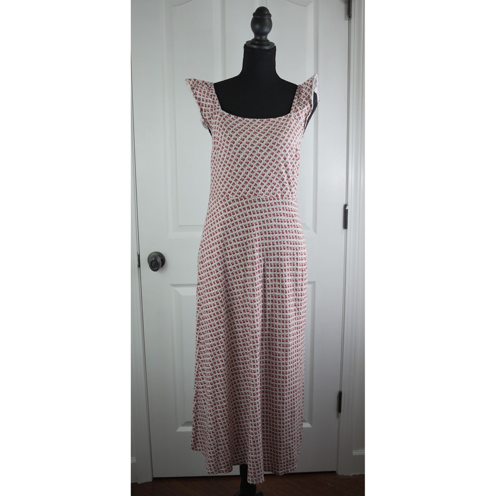 Boden Red Frill Detail White Floral Midi Dress Cottagecore Cotton Tencel US 6R